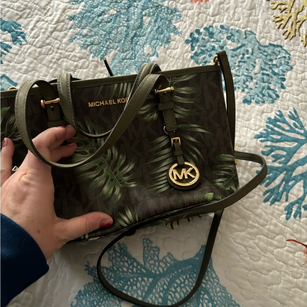 Michael Kors Green Palm Print Crossbody Bag
